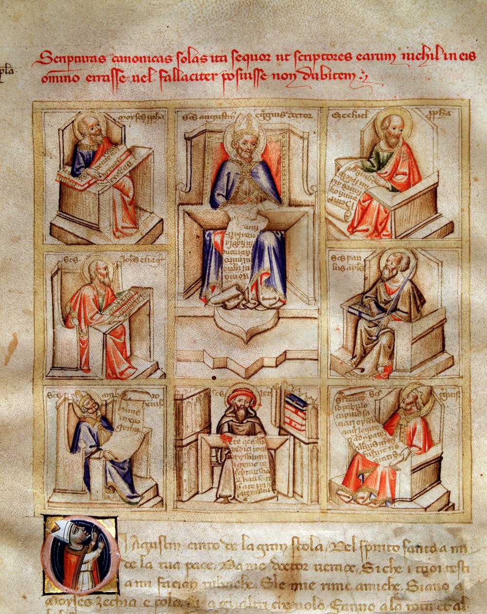 Voorstelling van de kerkvaders: Sint Jan, Sint Ambrosius van Milaan, Sint Hiëronymus, Sint Gregorius de Grote en Sint Paulus in 
