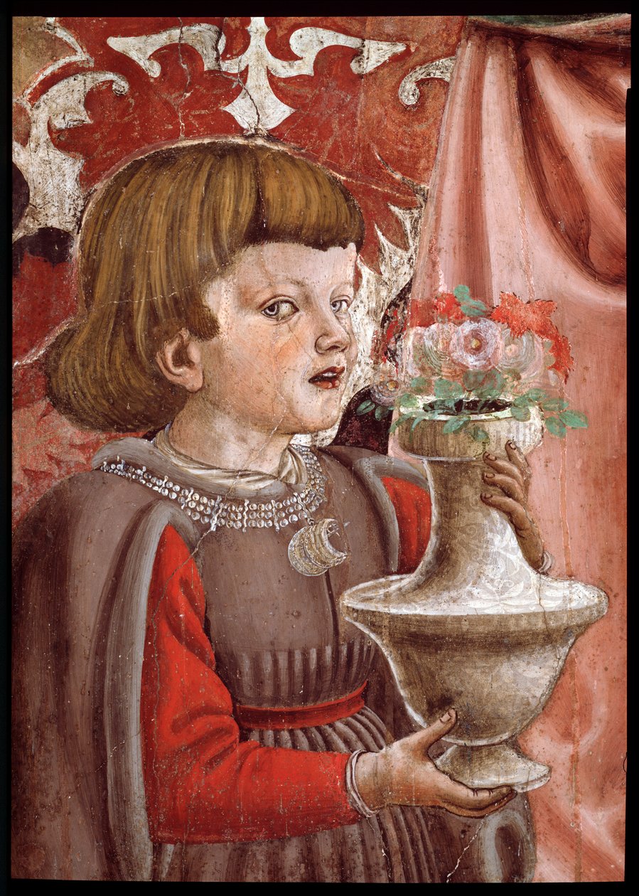 Maagd en Kind met twee engelen, Sint Johannes de Doper en een andere heilige, en twee kinderen van de Pazzi-familie (detail) door Andrea del Castagno
