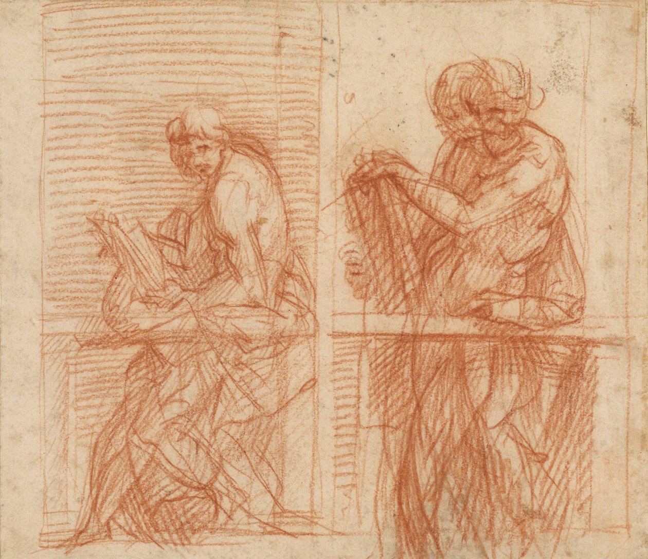 Studie van figuren achter een balustrade (voorkant); Studie van figuren achter een balustrade (achterkant) door Andrea del Sarto