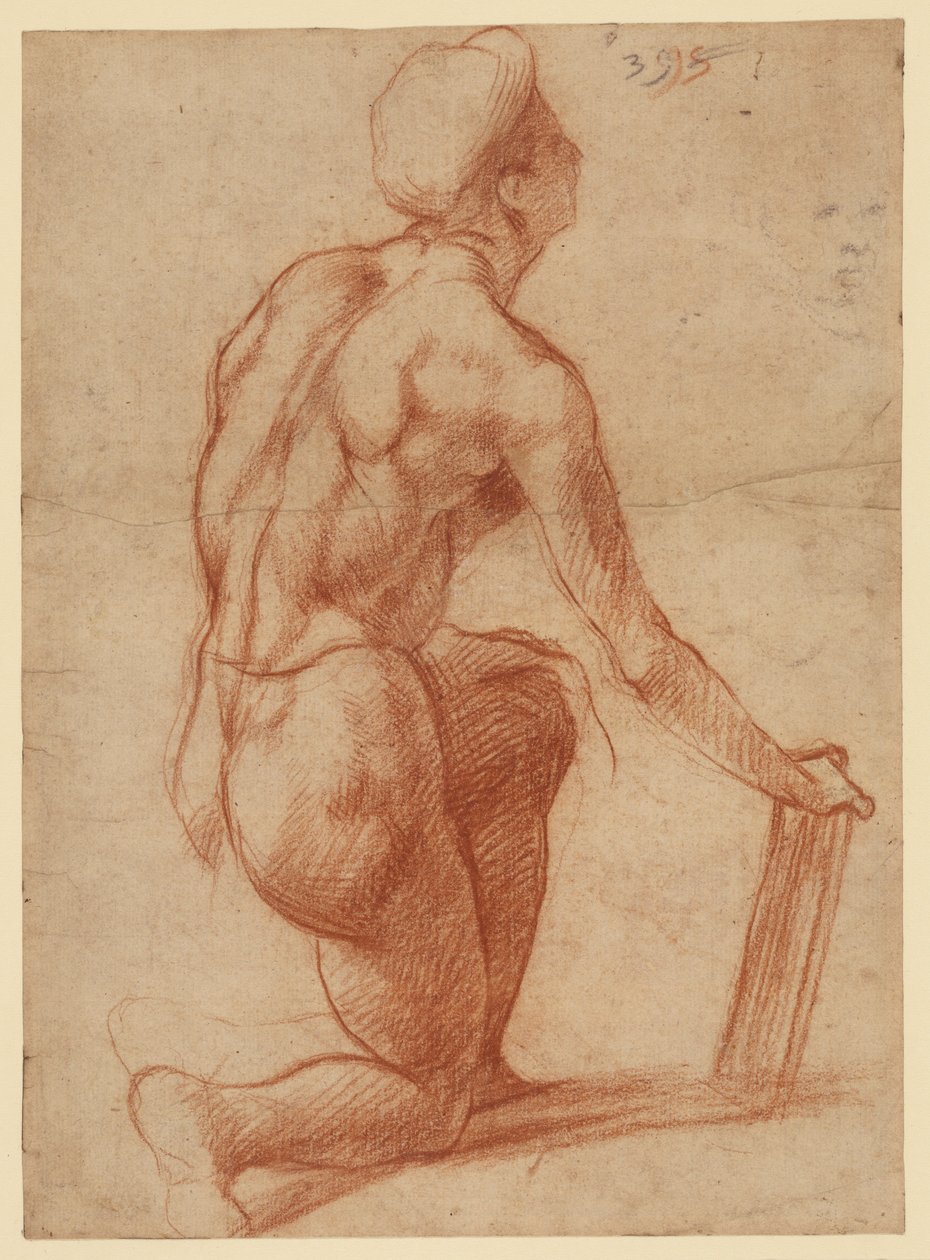 Studie van een knielende figuur met een schets van een gezicht (recto); figuurstudie en gezicht (verso) door Andrea del Sarto