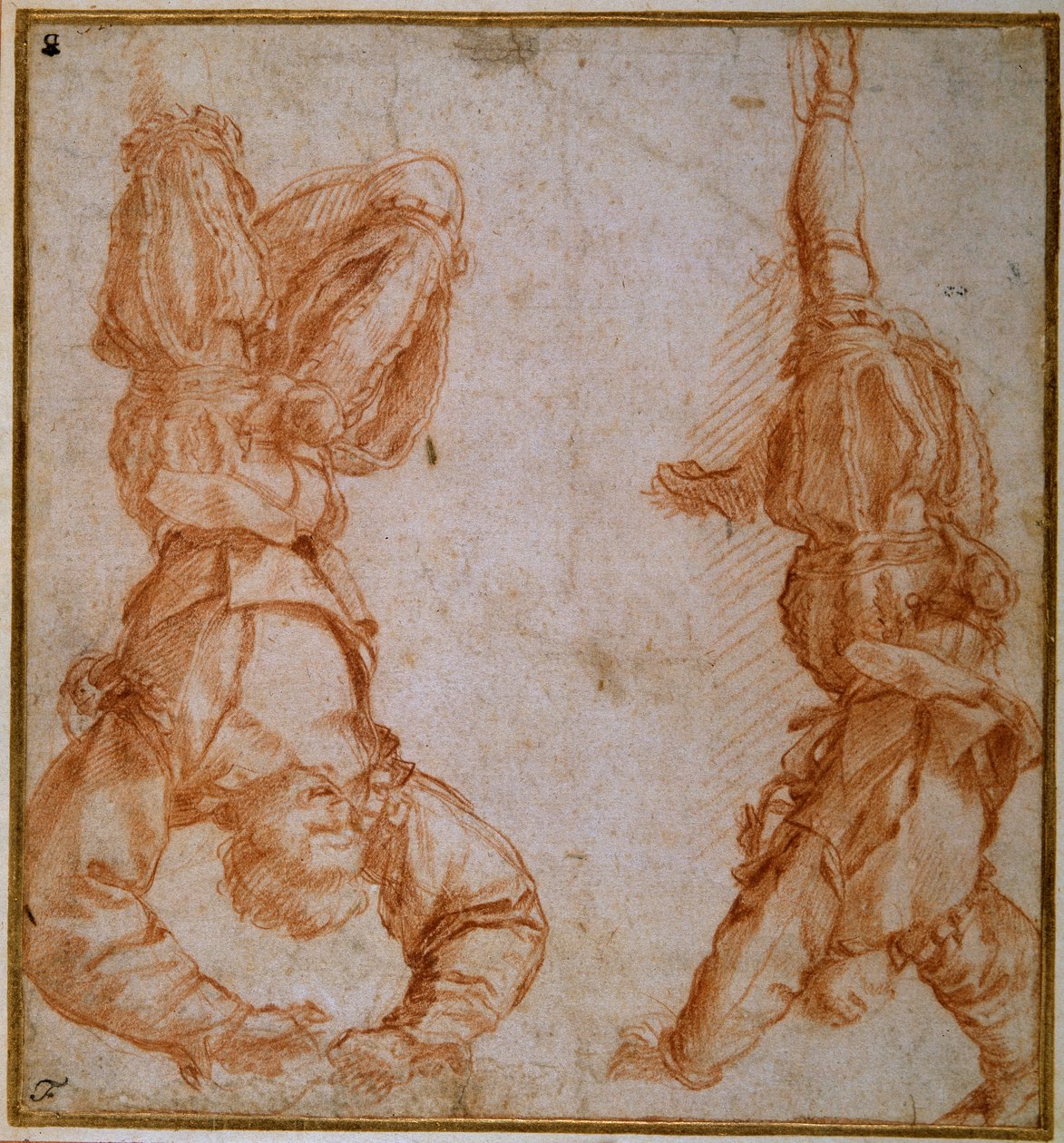 Twee studies van een man opgehangen aan zijn linkerbeen door Andrea del Sarto