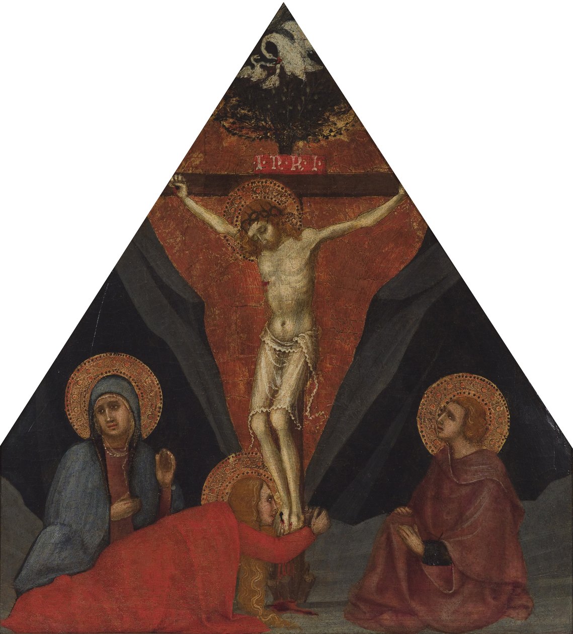 De Kruisiging met de Maagd, Maria Magdalena en St. Johannes de Evangelist, ca. 1400 door Andrea di Bartolo