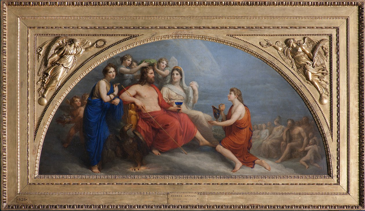 De Olympus (Jupiter, gekroond met mirte door de Uren, biedt een beker aan Ganymedes aan om nectar te serveren) door Andrea the Elder Appiani