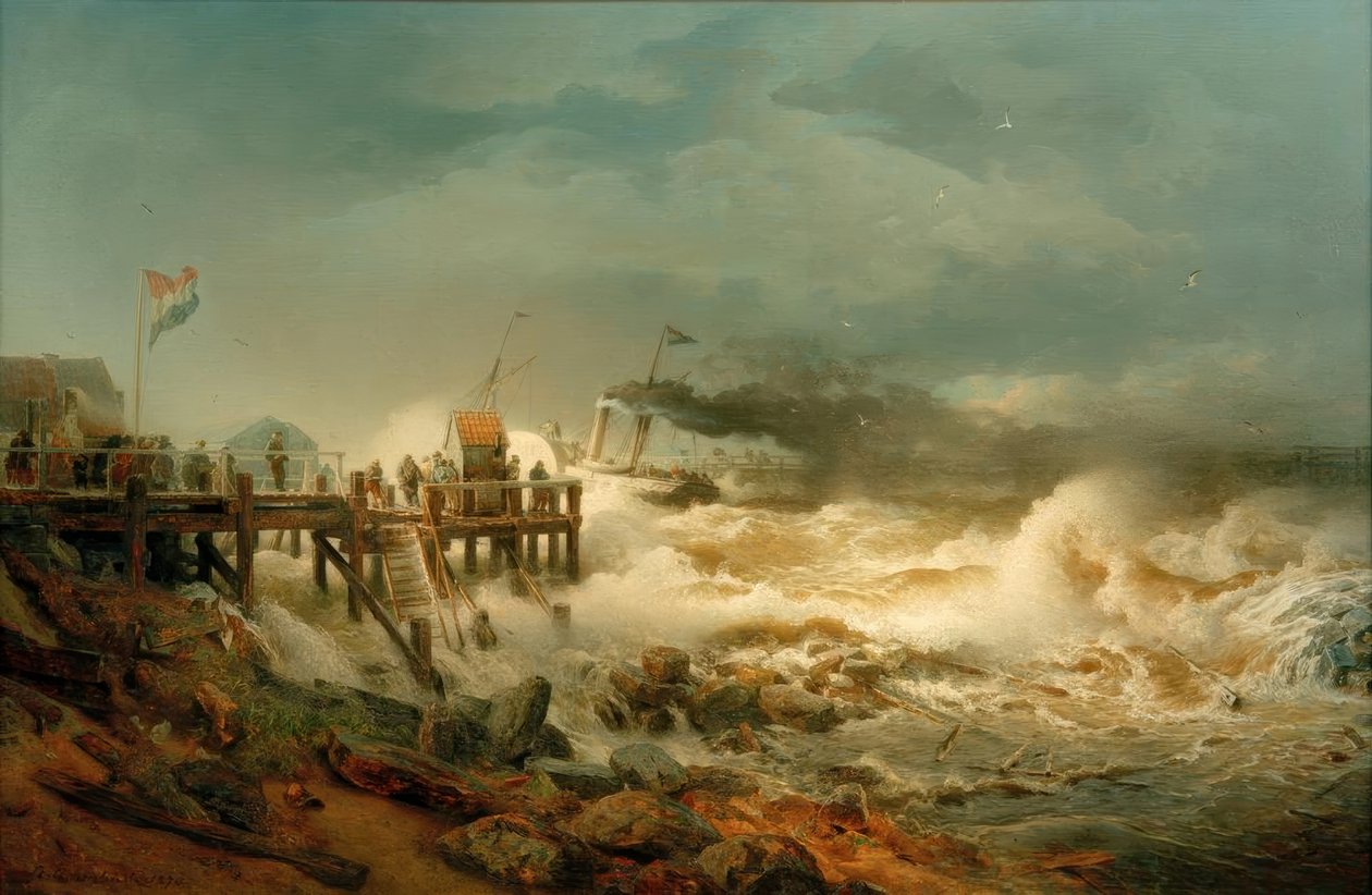 Vertrek van een stoomboot door Andreas Achenbach