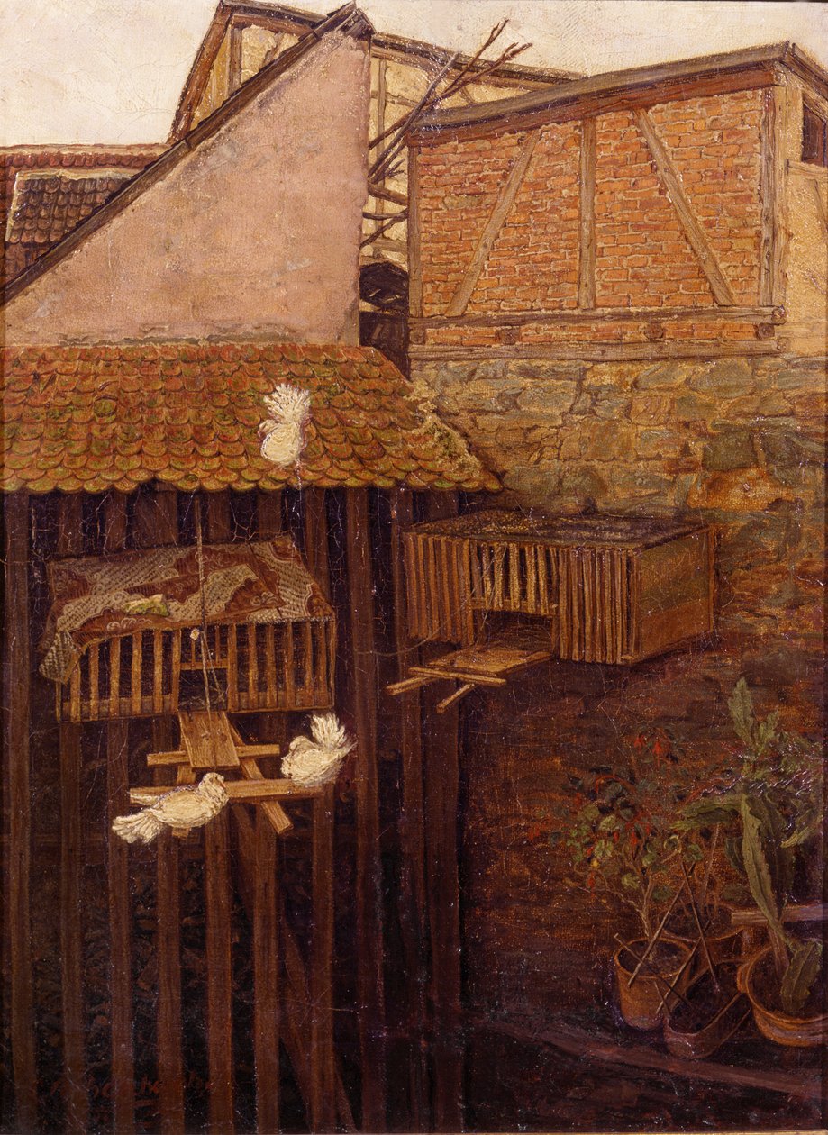 Hoek in een binnenplaats door Andreas Achenbach