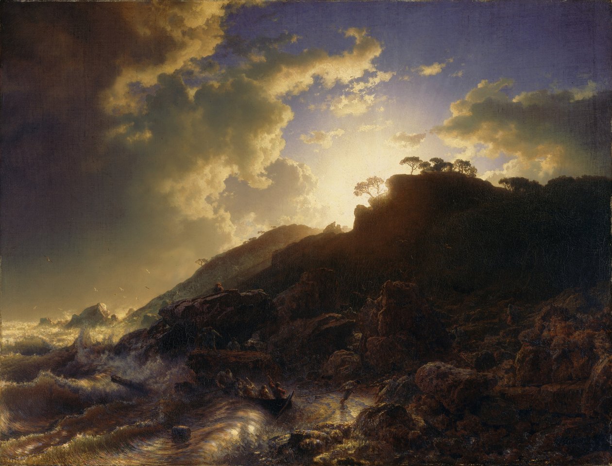 Frans: Coucher de soleil après une tempête sur la côte de la Sicile Zonsondergang na een storm aan de kust van Sicilië door Andreas Achenbach