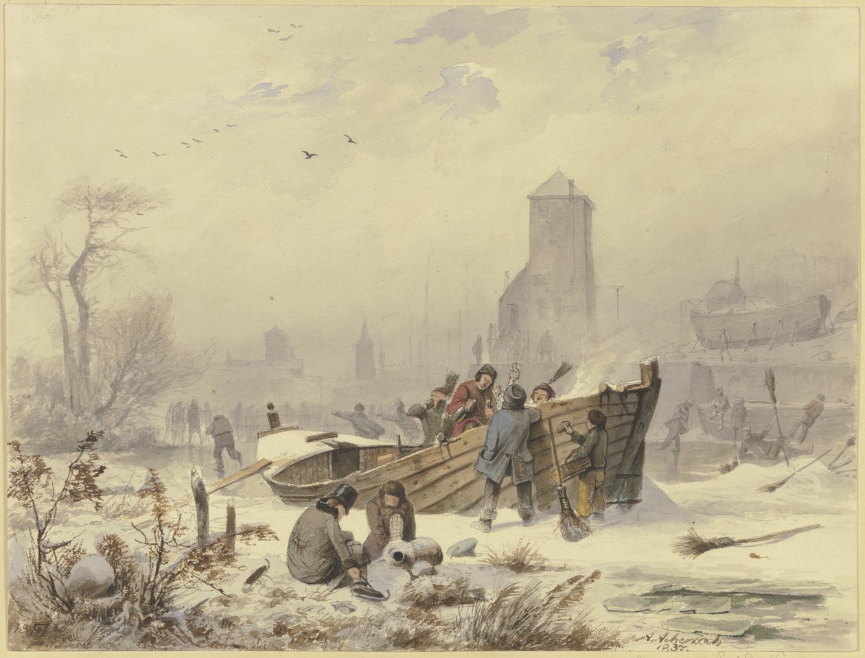 Schipper bij een bevroren schip door Andreas Achenbach