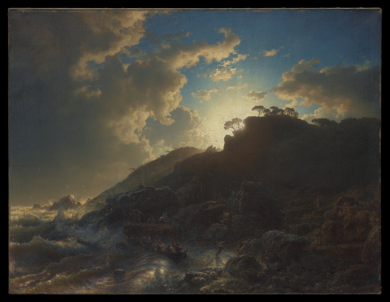 Zonsondergang na een storm aan de kust van Sicilië door Andreas Achenbach