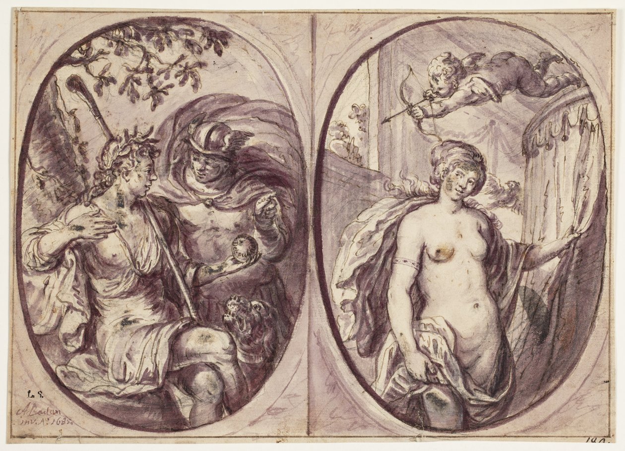 Twee ovale composities op één blad. Links zit een herderin (Diana?) met een staf en een hond aan haar zijde. Ze houdt een appel vast, die Mercurius in een mantel lijkt te hebben gebracht; daarop staat: 