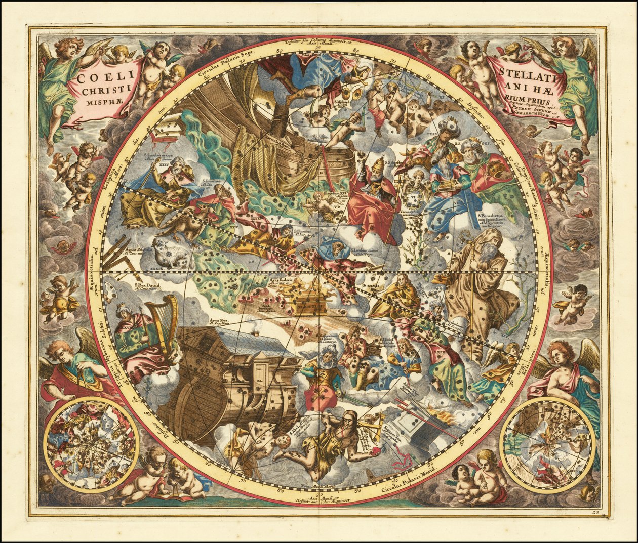 1660 kaart van sterrenbeelden volgens de christelijke symboliek door Andreas Cellarius