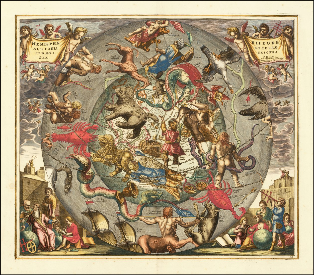 1708 hemelkaart - Haemisphaerii Borealis Coeli et Terrae Sphaeri Cascenographia door Andreas Cellarius