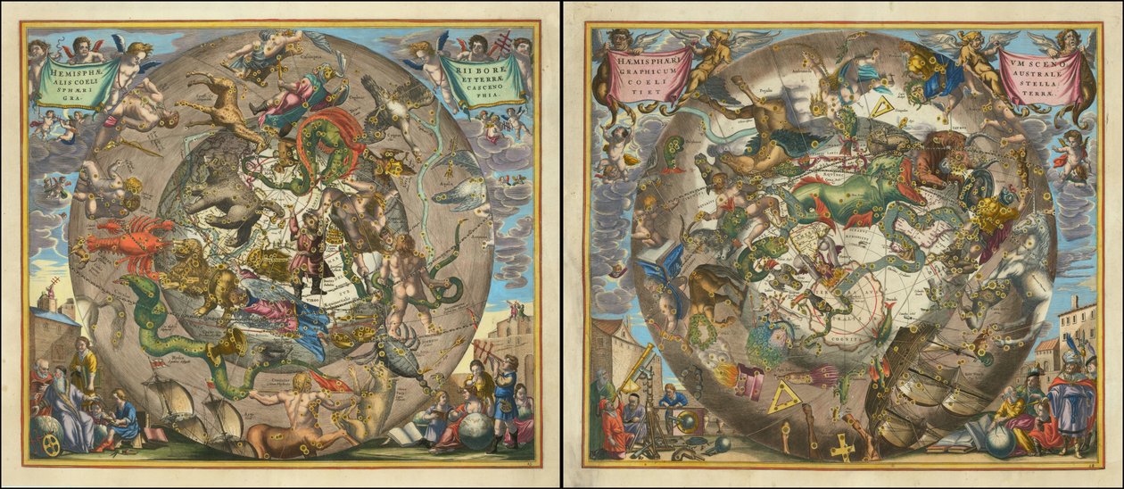 Hemisphaerii Borealis Coeli et Terrae Sphaerica Scenographia - Haemisphaerium Scenographicum Australe Coeli Stellati et Terrae door Andreas Cellarius