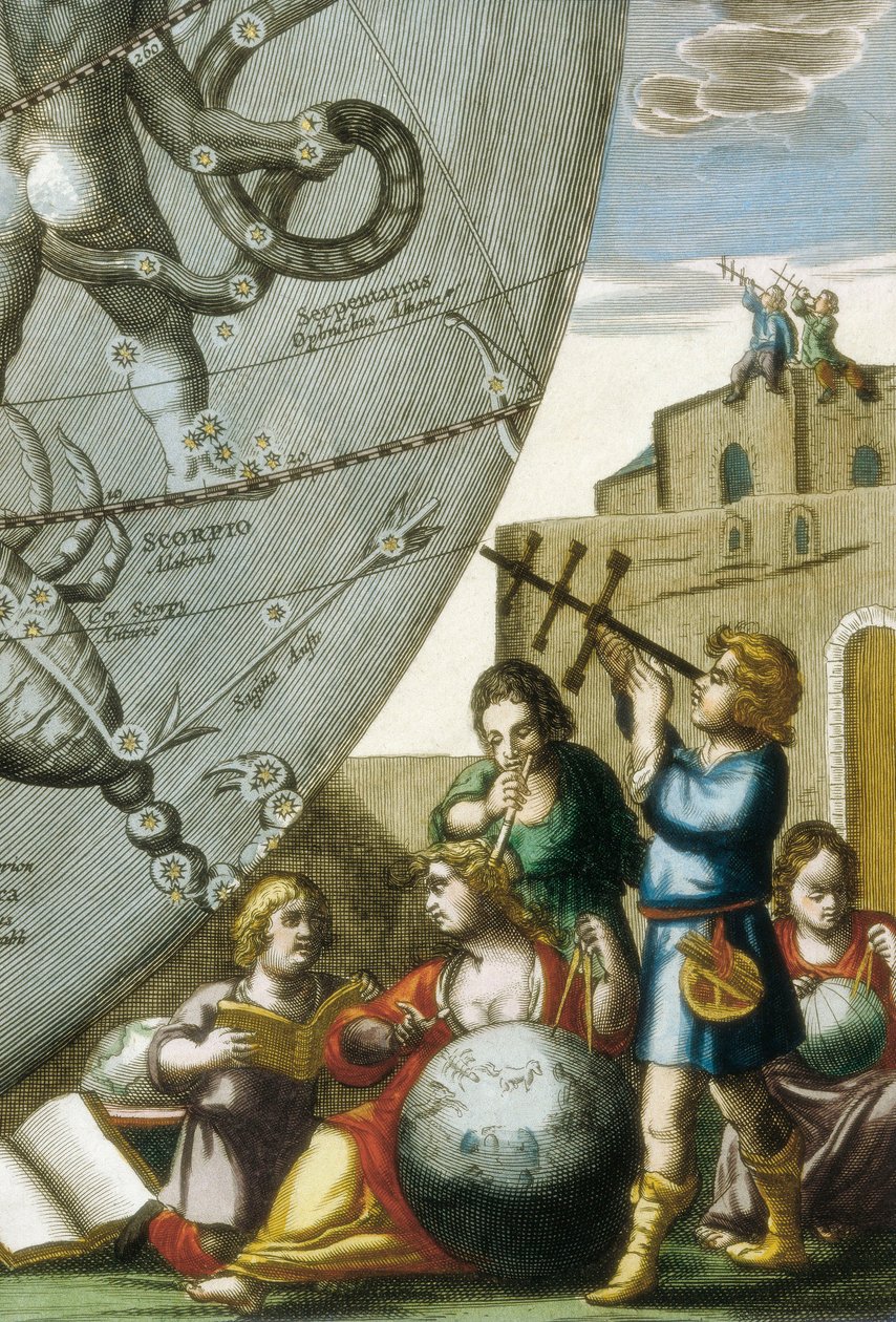 Wetenschappers (astrologen en astronomen) bestuderen globes en de hemelkaart, detail uit Atlas Coelestis seu Harmonia Macrocosmica door Andreas Cellarius (1596-1665) door Andreas Cellarius