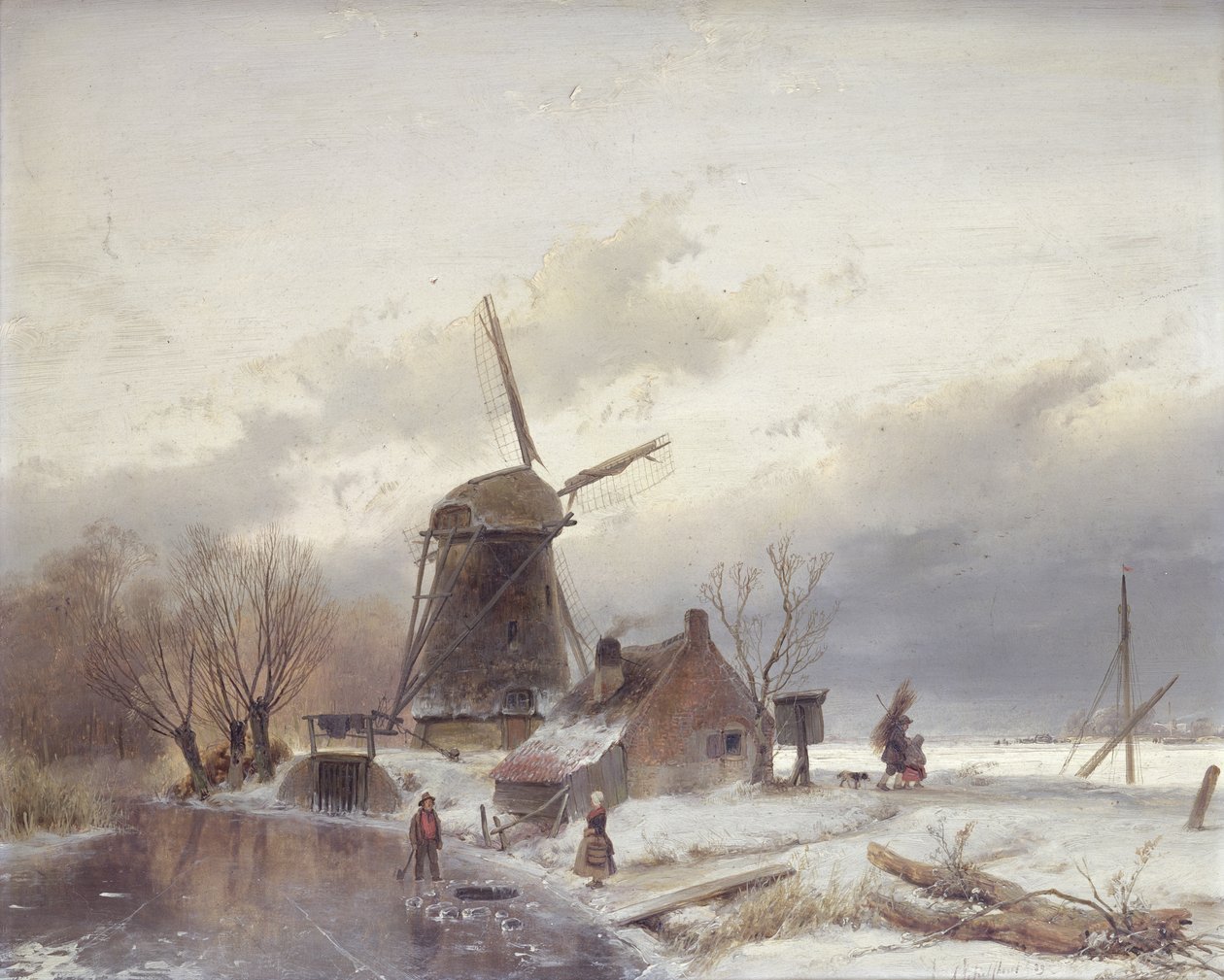 Een bevroren rivierlandschap met een windmolen door Andreas Schelfhout