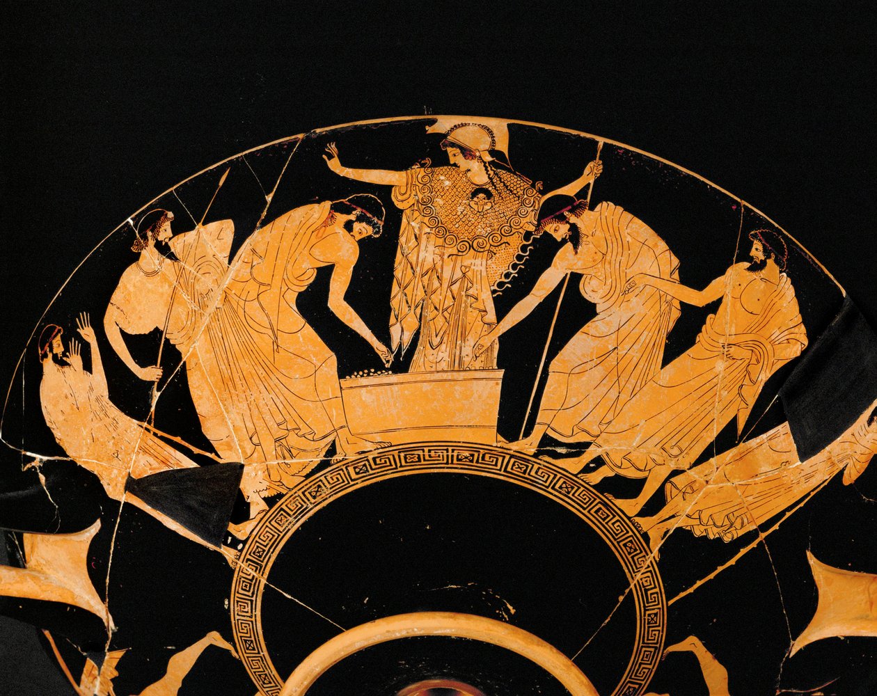 Aan de voeten van de Godin Athena loten twee Griekse krijgers om de wapens en wapenuitrusting van de gedode Achilles ... door Andreas Schelfhout