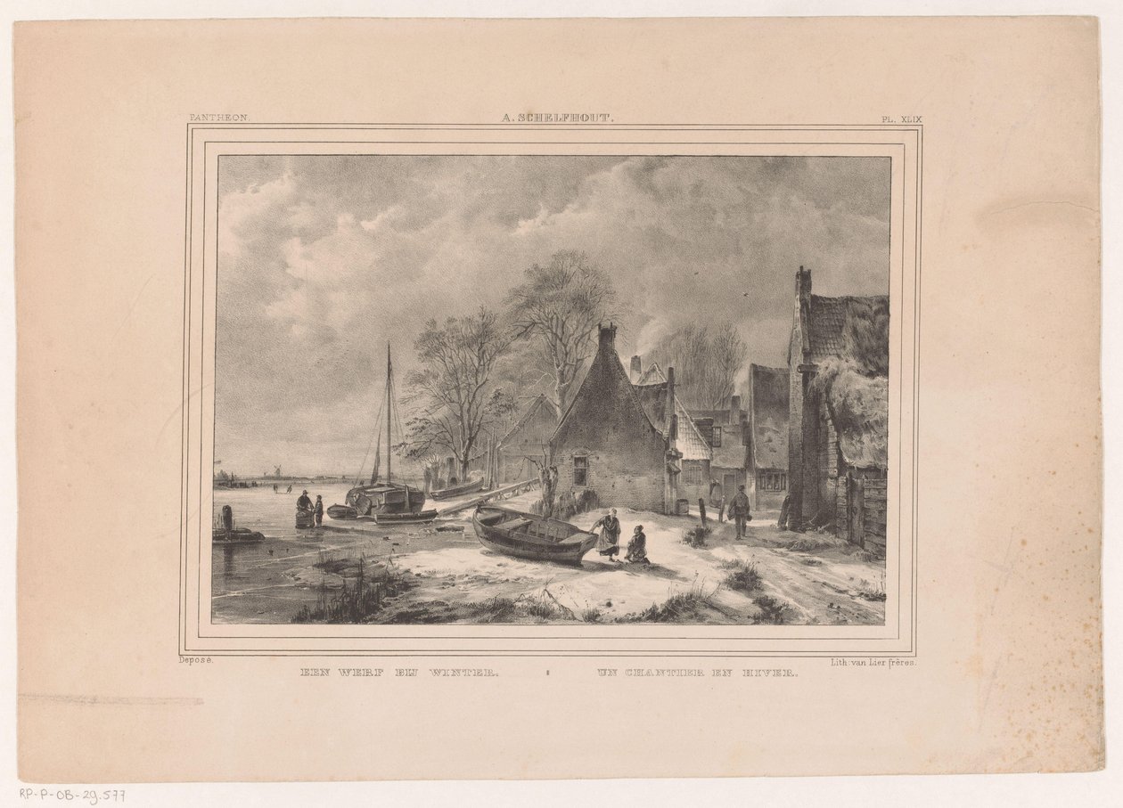 Bevroren rivier bij dorp door Andreas Schelfhout