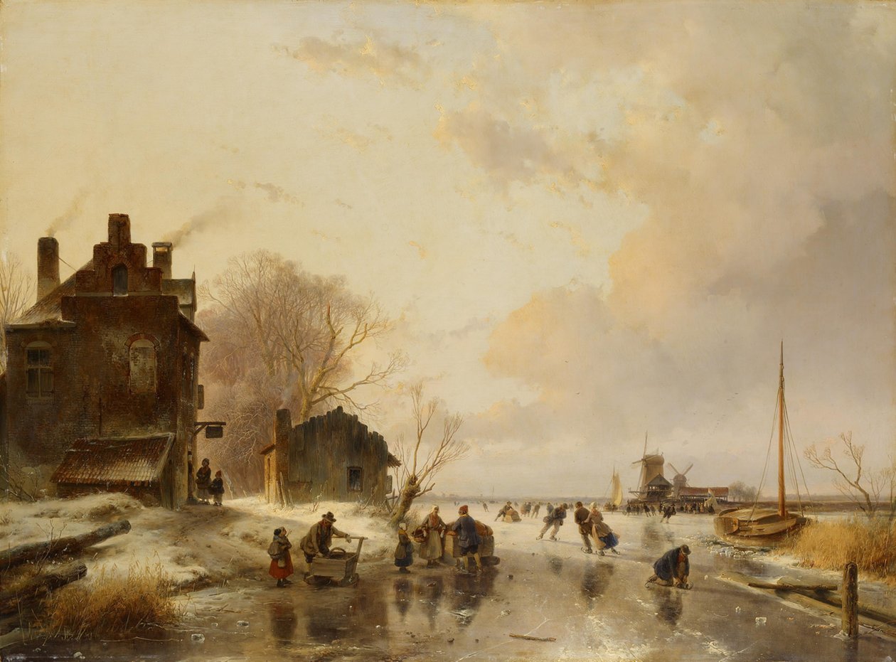 Een boerenherberg en een schuur aan een bevroren rivier door Andreas Schelfhout