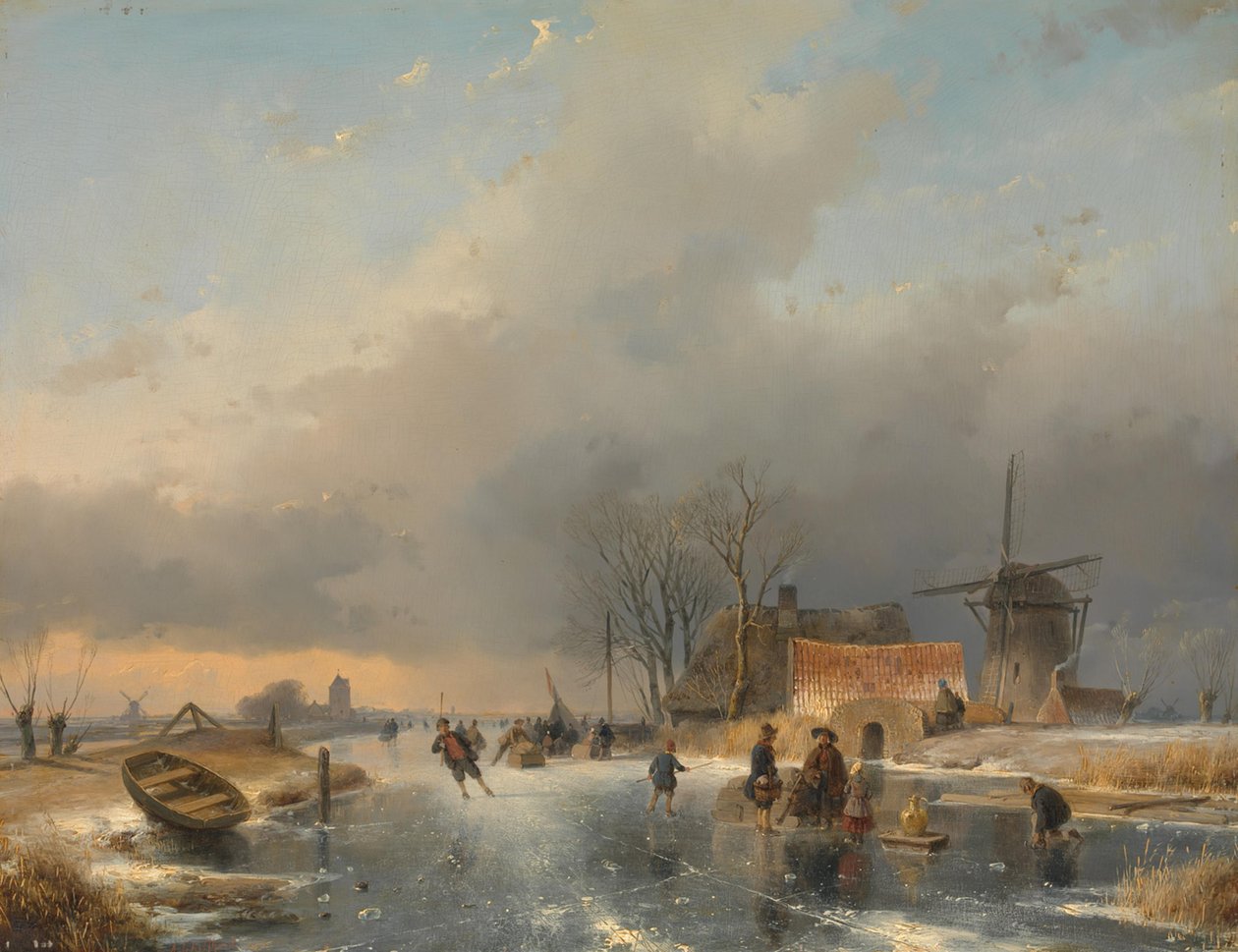 Een winterlandschap, rechts een molen en woningen bij een bevroren vaart door Andreas Schelfhout