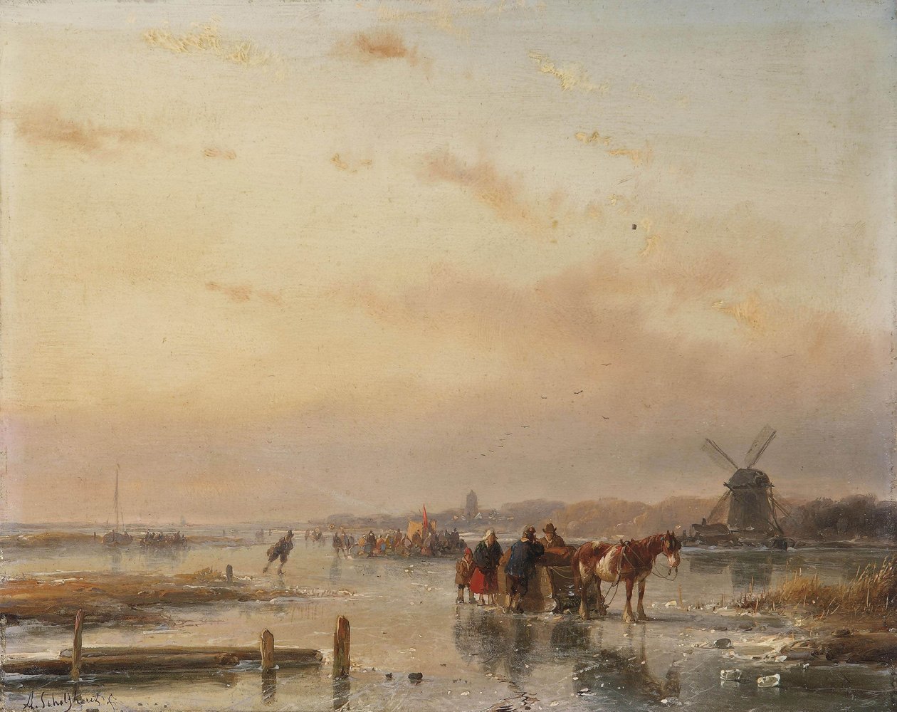 Verzameld op het ijs aan het eind van een winterse dag door Andreas Schelfhout