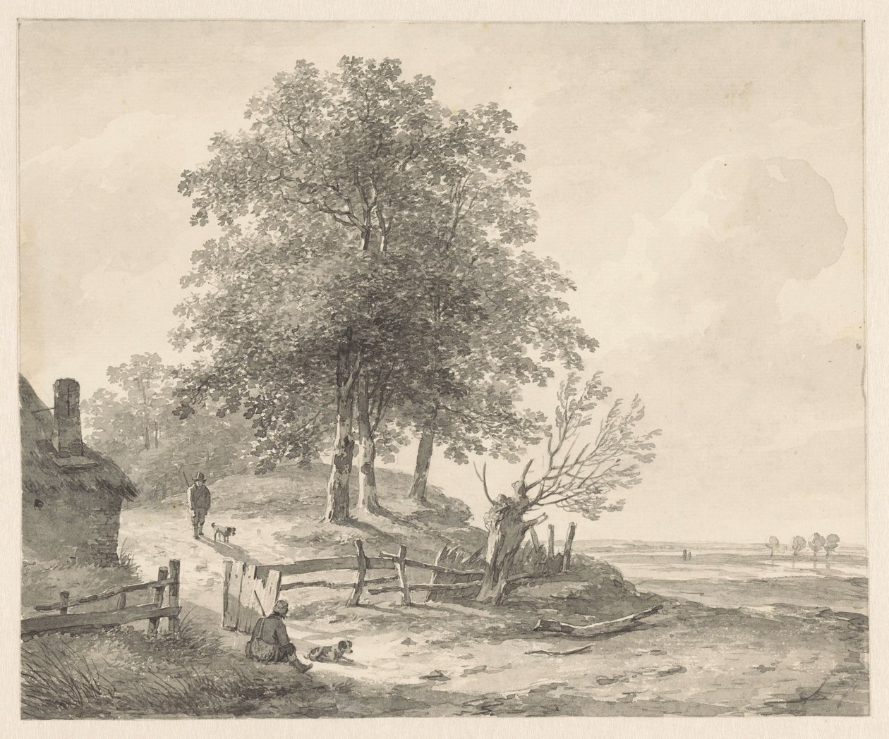 Landschap met een huisje op een heuvel door Andreas Schelfhout