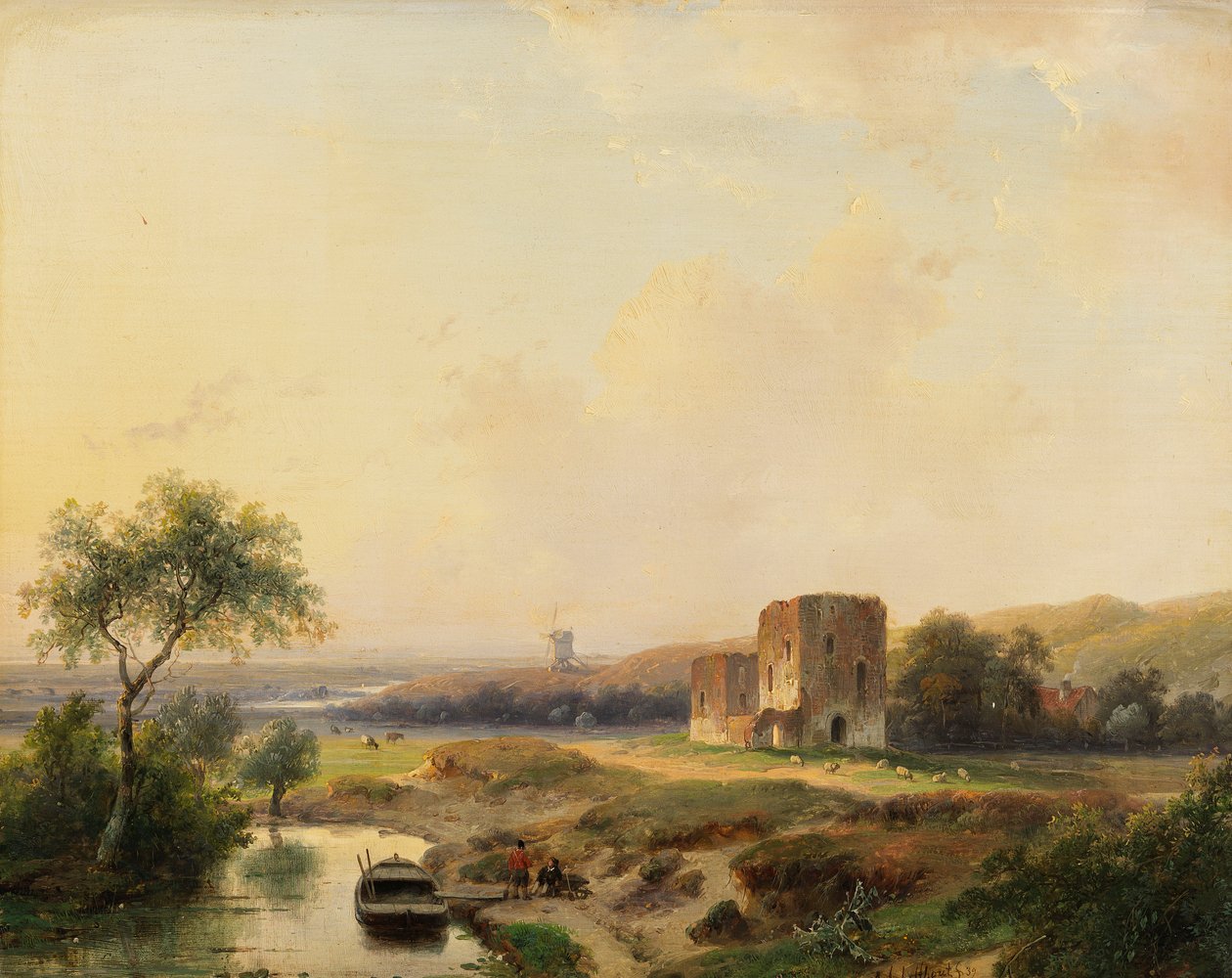 Rivierlandschap bij Haarlem met molen en de ruïne van Brederode door Andreas Schelfhout