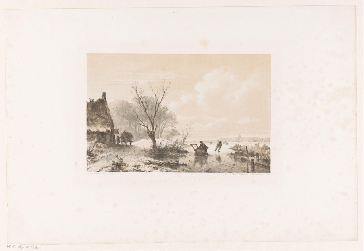 Schaatsers en man met slee op bevroren rivier door Andreas Schelfhout