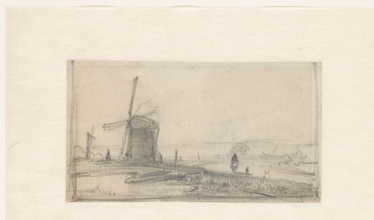 Schets van een landschap met links een molen door Andreas Schelfhout
