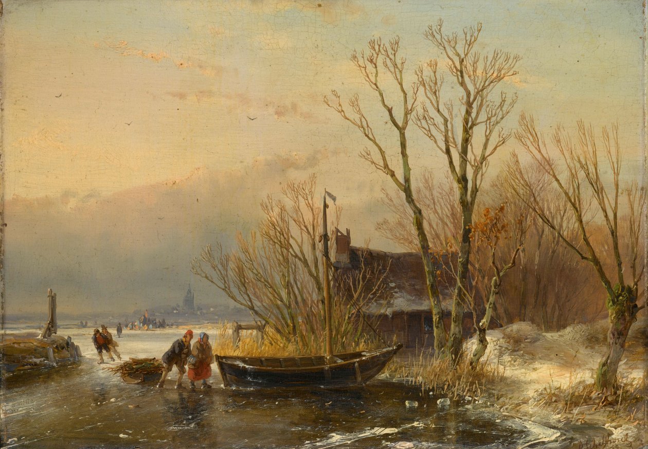 Winters tafereel op het ijs met houtverzamelaars door Andreas Schelfhout