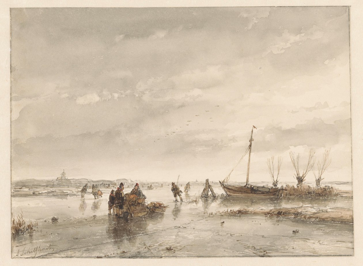 Winterlandschap met bevroren meer door Andreas Schelfhout