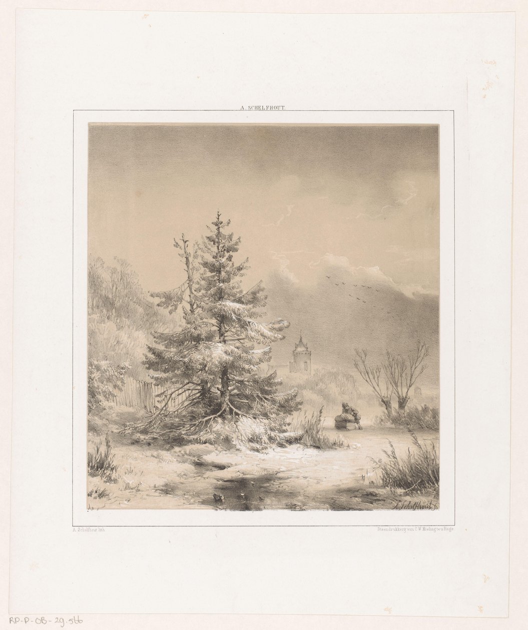 Winterlandschap met naaldbomen en man met slee door Andreas Schelfhout
