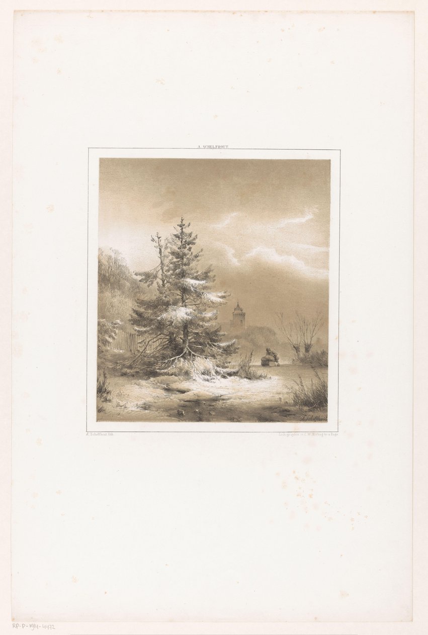 Winterlandschap met naaldbomen en man met slee door Andreas Schelfhout