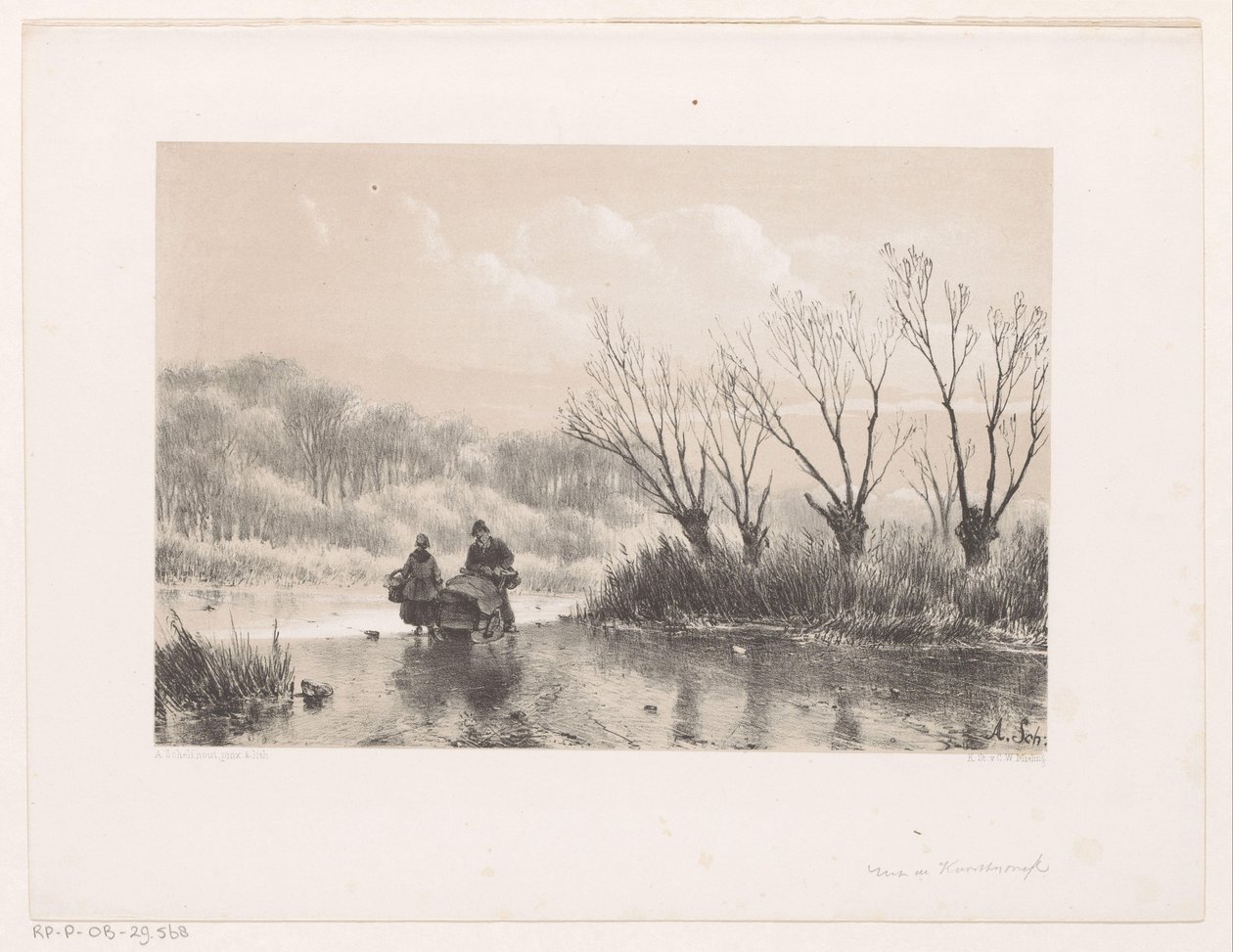 Winterlandschap met twee figuren op het ijs door Andreas Schelfhout