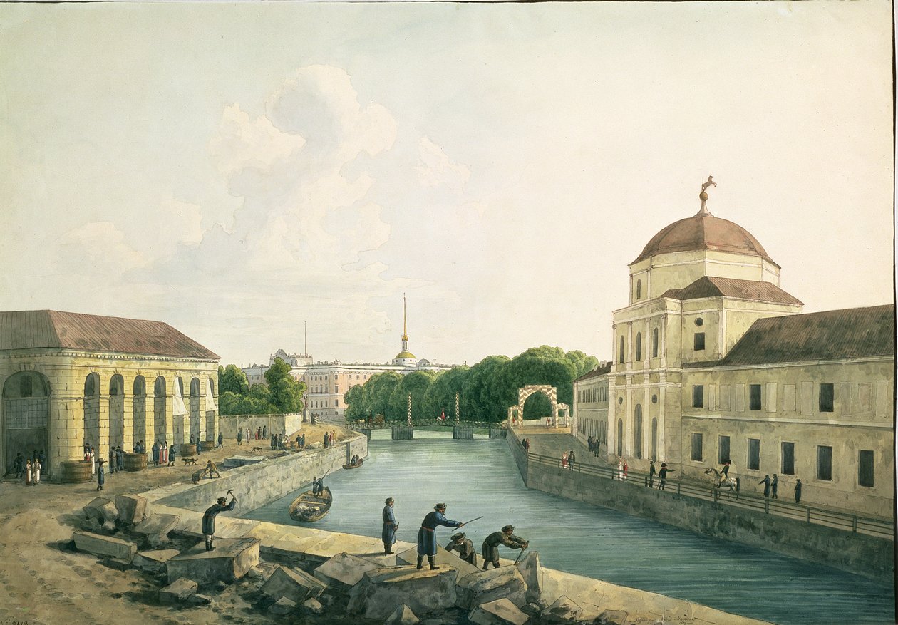 Gezicht op de Moika Rivier bij de Keizerlijke Stallen, 1809 door Andrei Yefimovich Martynov
