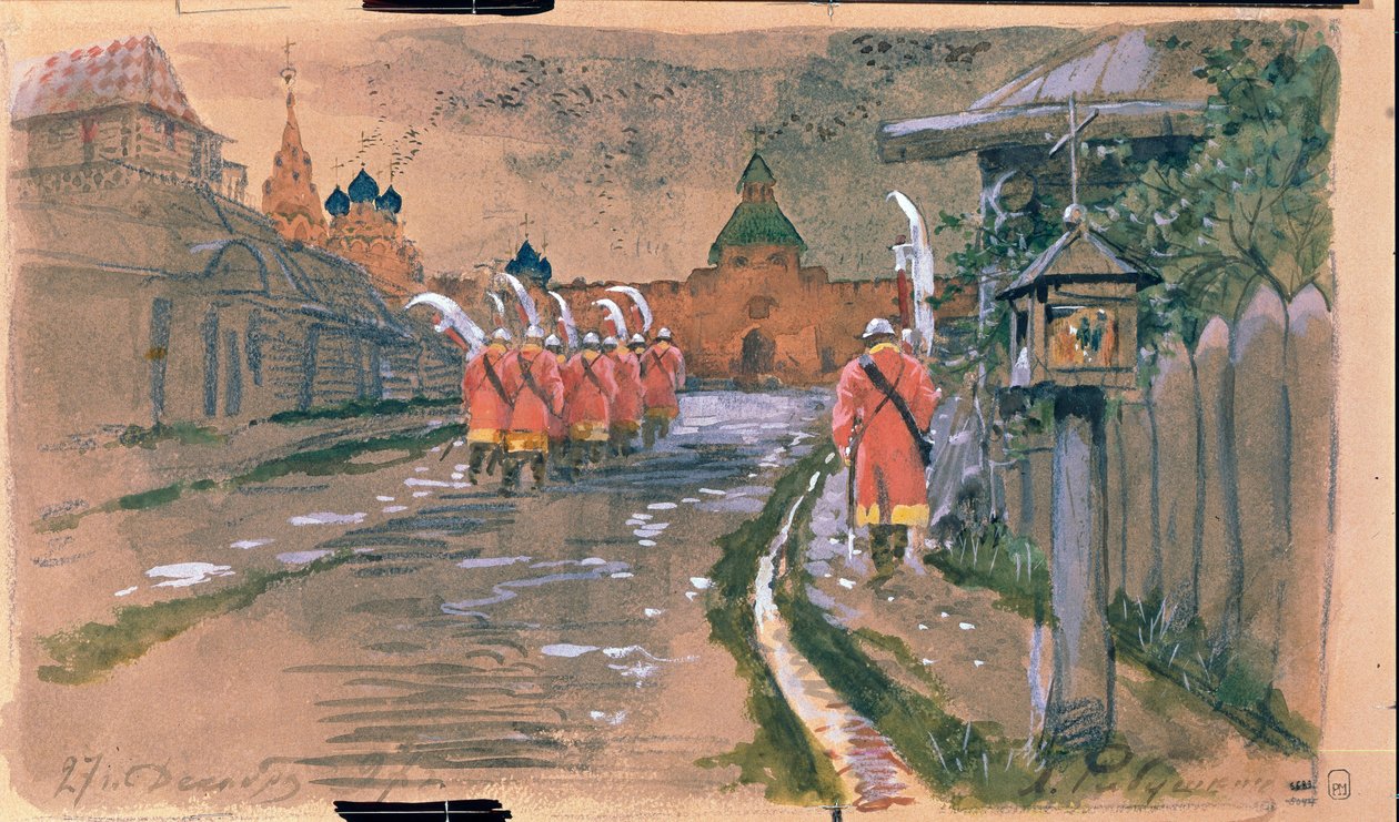 Patrouille van strelets bij de Ilyinsky-poort in het oude Moskou door Andrei Petrovich Ryabushkin