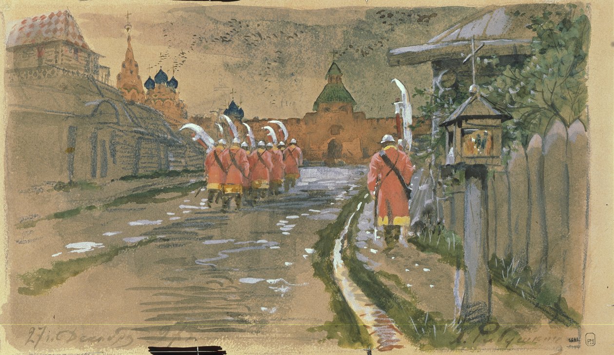 Strelets patrouille bij de Ilyinsky-poorten in Oud-Moskou, 1897 door Andrei Petrovich Ryabushkin