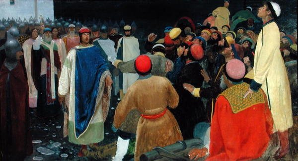 Graaf Gleb doodt een magiër bij de Novgorodse vergadering door Andrei Petrovitch Rjabuschkin