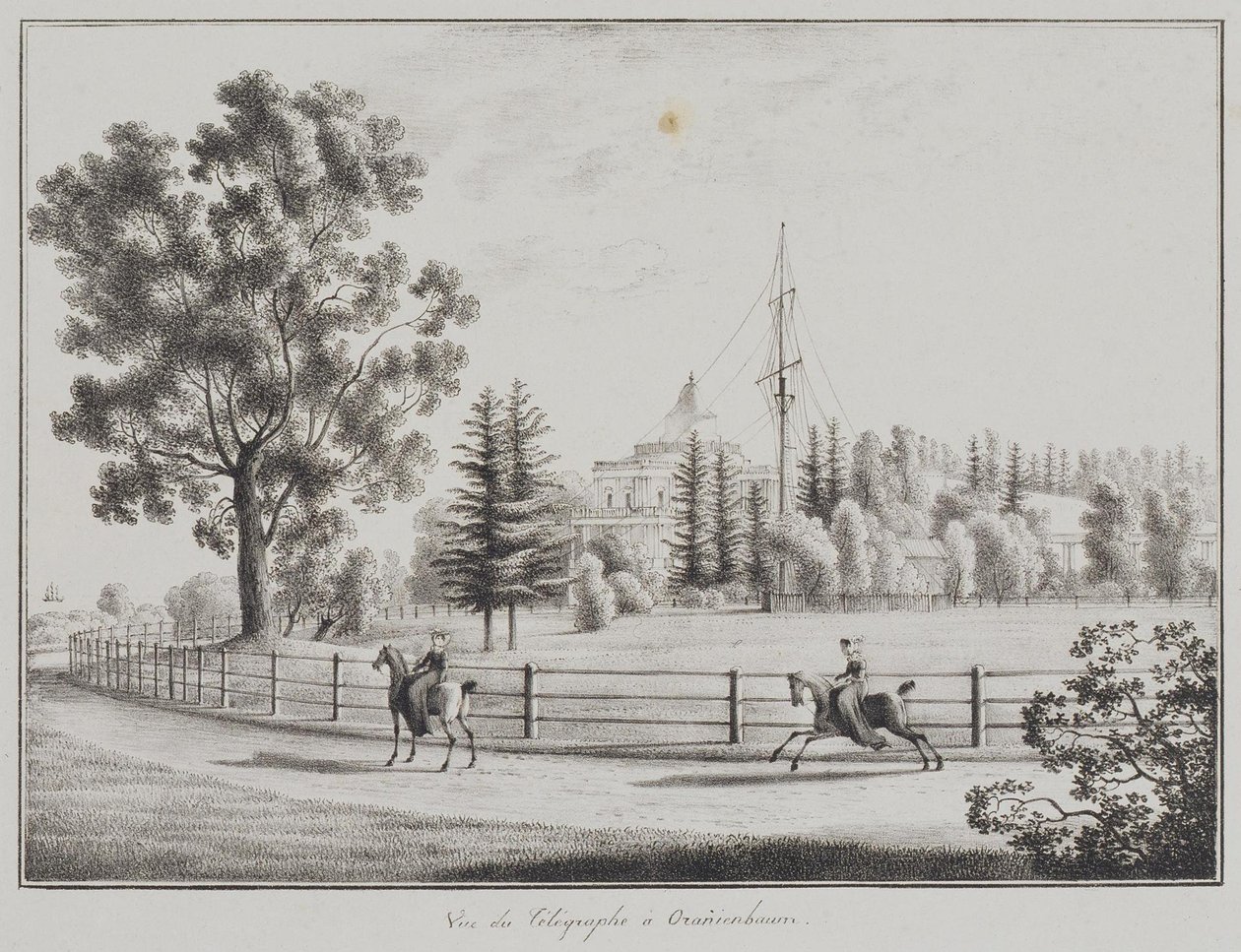 Uitzicht op het sleeënpaviljoen en de telegraaf in Oranienbaum, 1821-1822 door Andrei Yefimovich Martynov