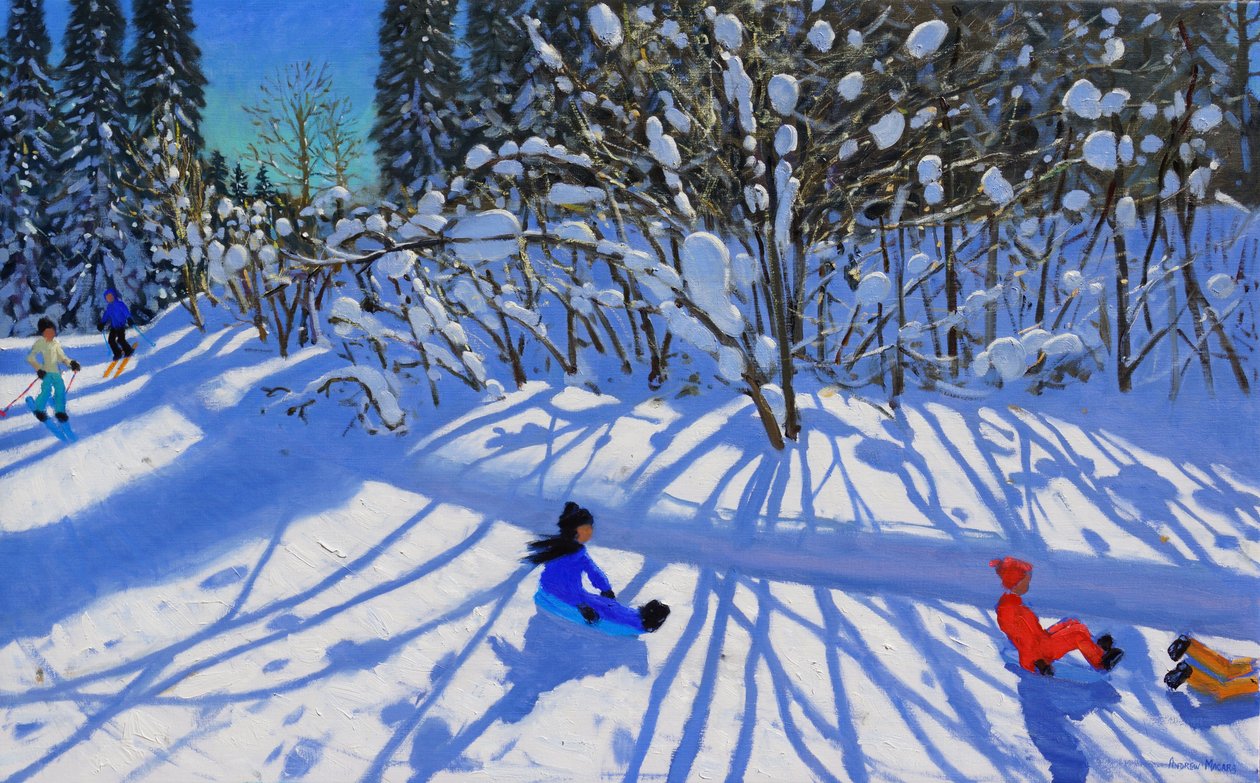 Sleeën en skiën op het pad, Morzine door Andrew Macara