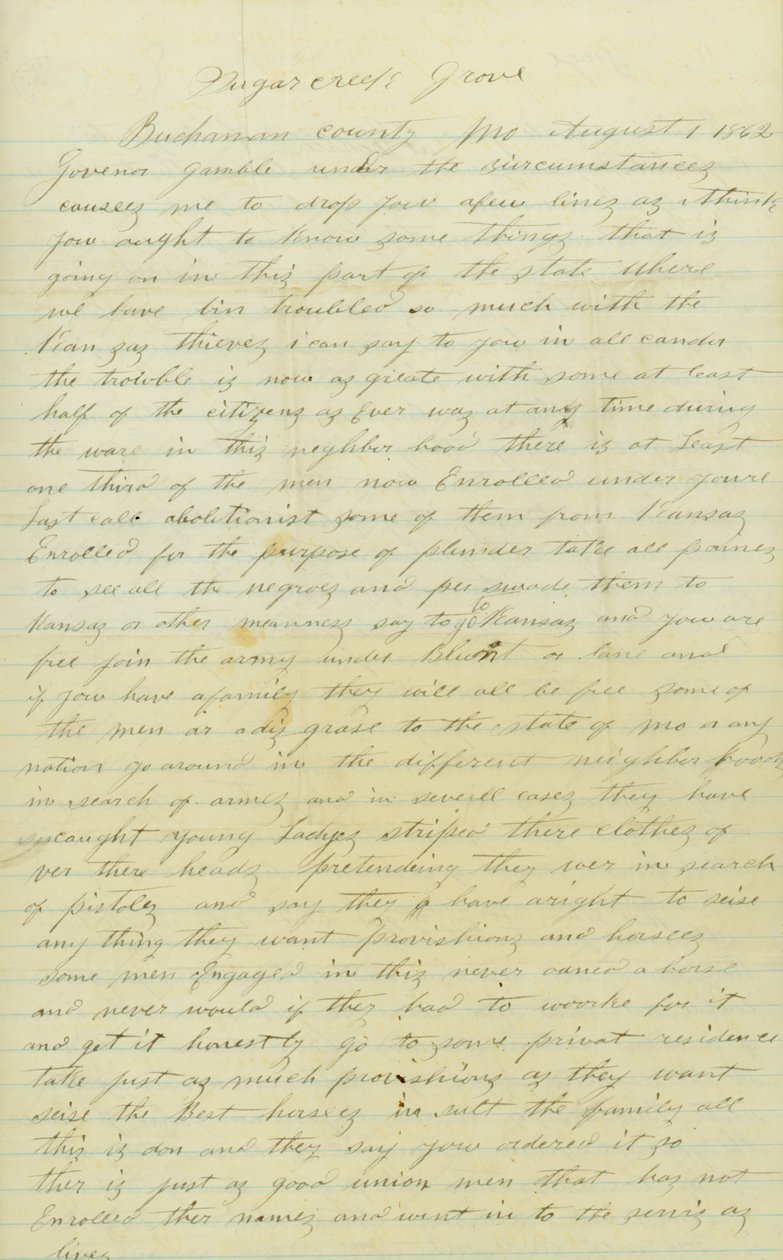 Brief ondertekend door Andrew Brownlow, Buchanan County, Mo., aan Gouverneur Gamble [Hamilton R. Gamble], 1 augustus 1862 door Andrew Brownlow