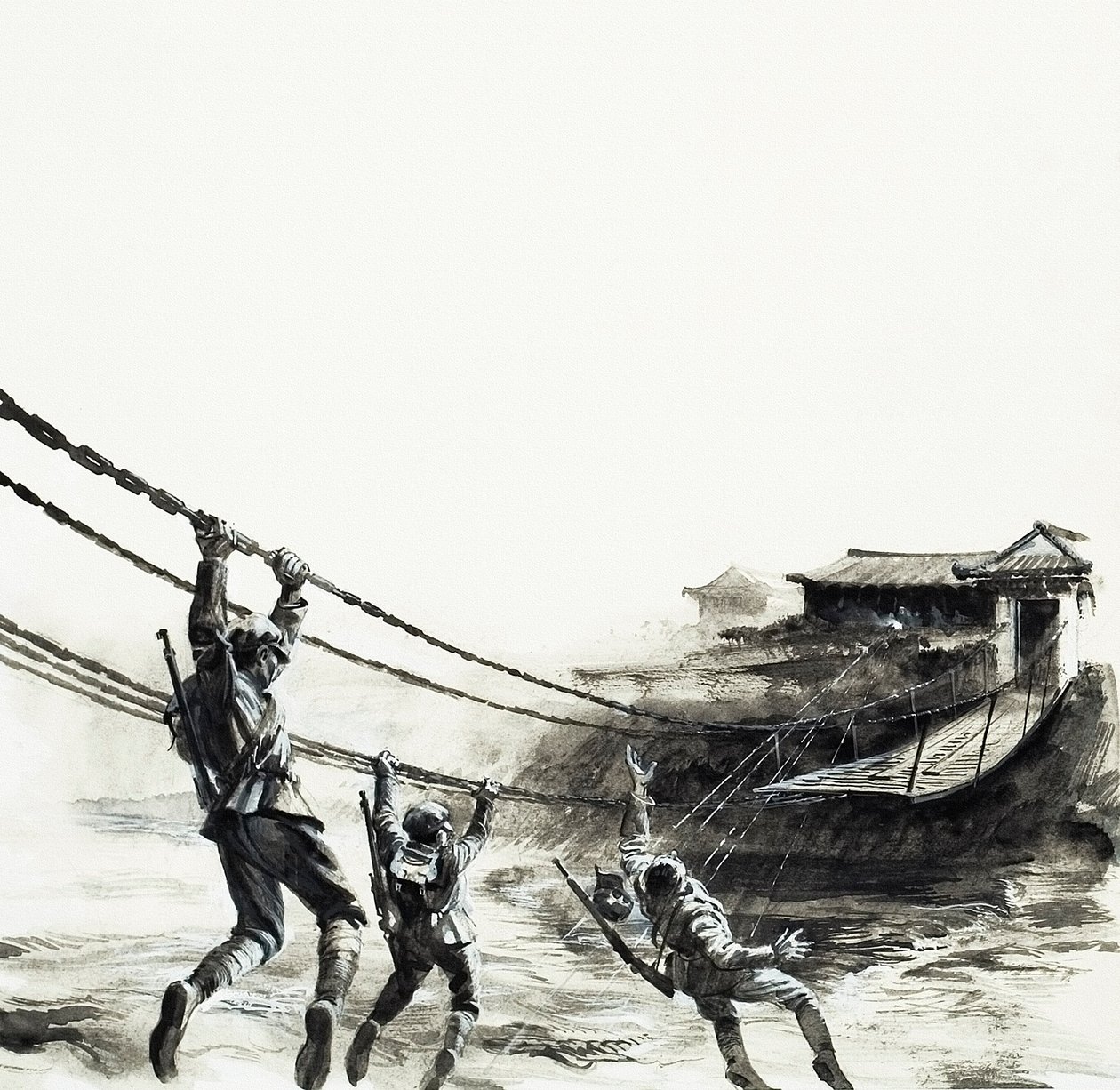 De slag om Luding Bridge (gouache op papier) door Andrew Howat