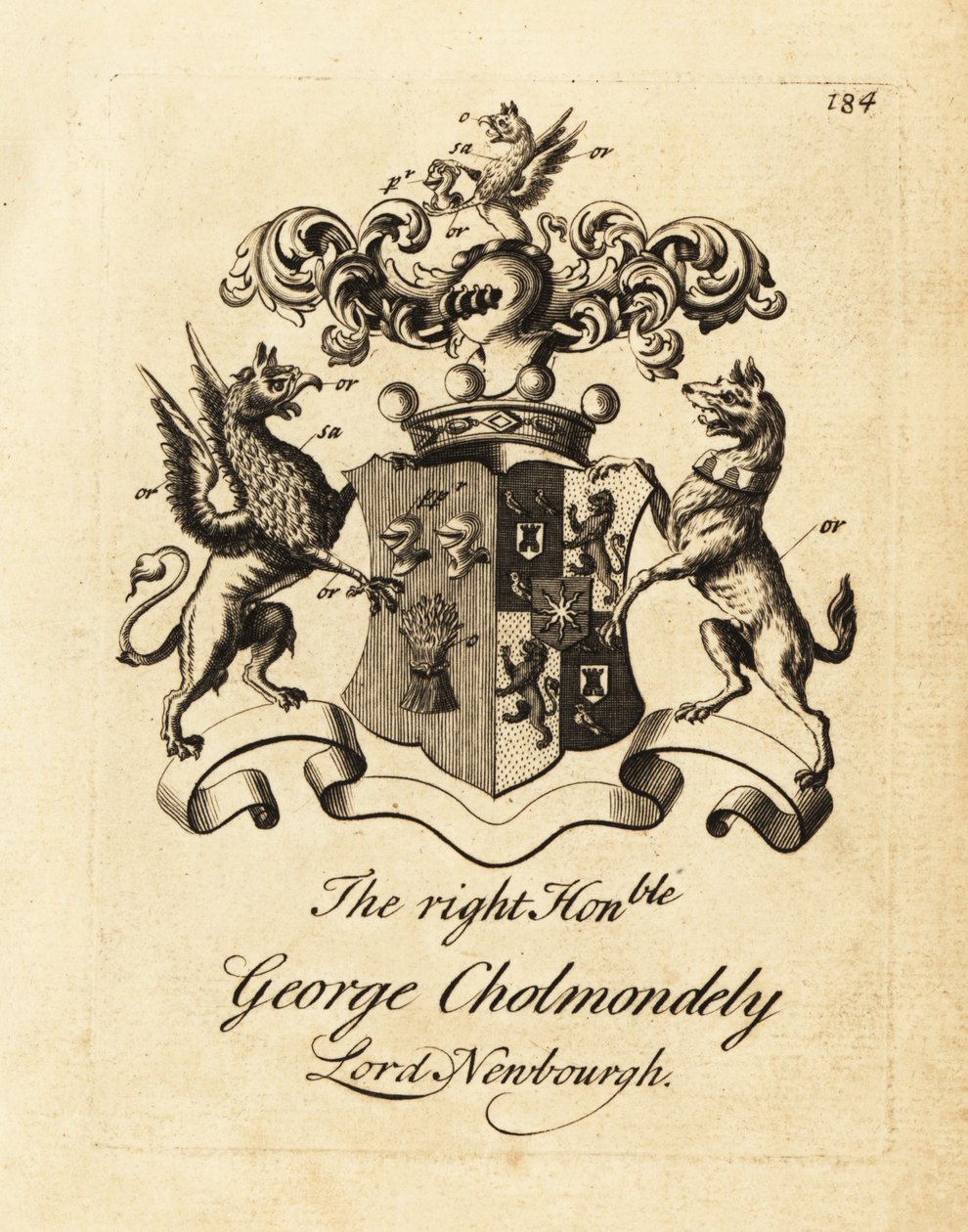Wapen van de Hooggeachte George Cholmondely, Lord Newbourgh, 2e Graaf van Cholmondeley door Andrew Johnston