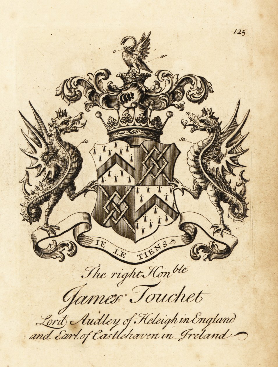 Wapen van de Zeer Eerwaarde James Touchet, Heer Audley van Heleigh in Engeland, 6e Graaf van Castlehaven in Ierland, overleden 1740 door Andrew Johnston