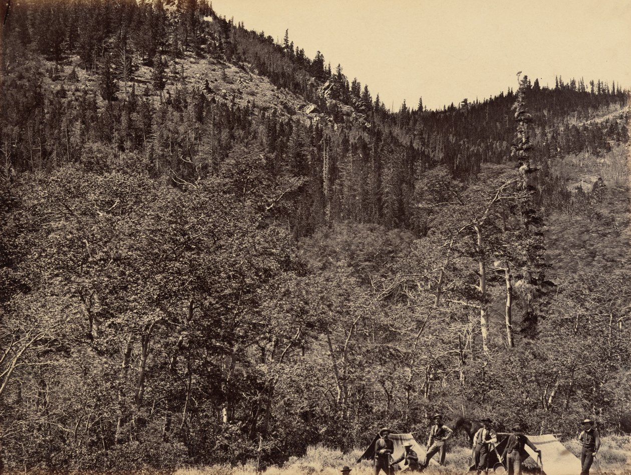 Plaat 19. Tussen het hout aan de kop van de Little Laramie River,1869 (foto) door Andrew Joseph Russell