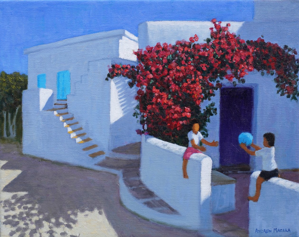 Balspel, Samos, Griekenland, 2022 (olieverf op doek) door Andrew Macara