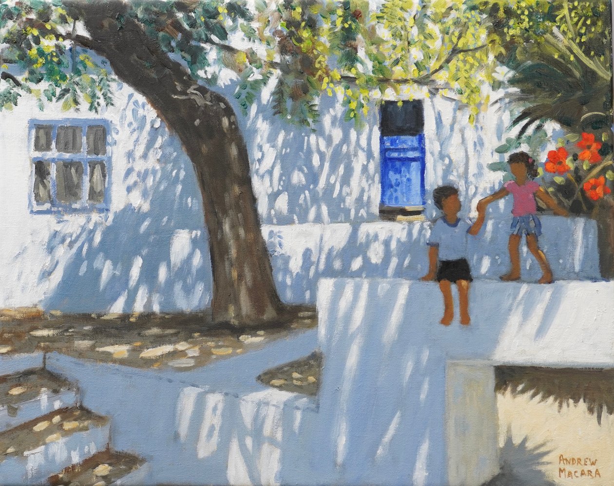 Blauwe deur, Mykonos, Griekenland, 2024 (olieverf op doek) door Andrew Macara