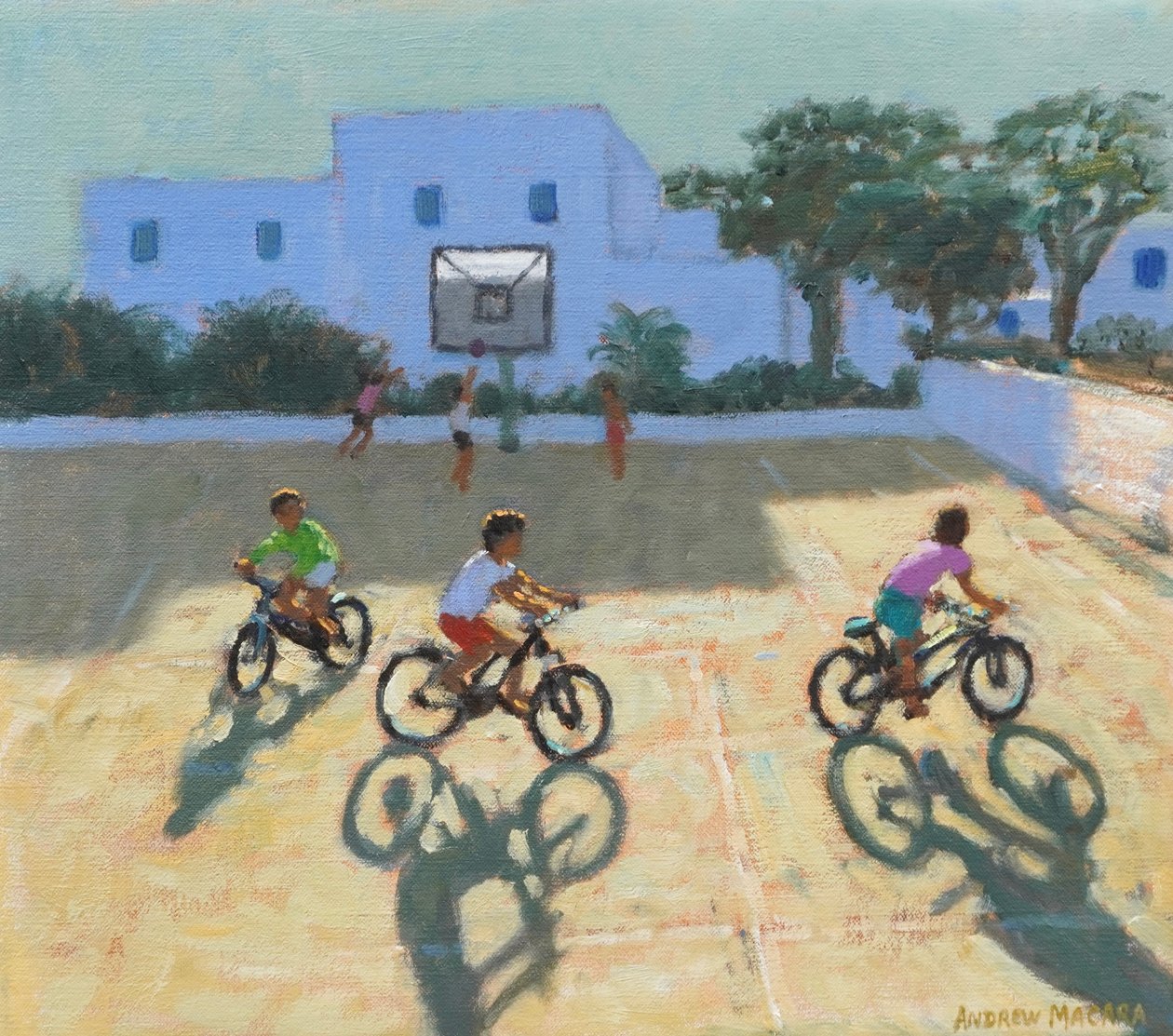 Jongens op fiets, Griekenland (olieverf op doek) door Andrew Macara