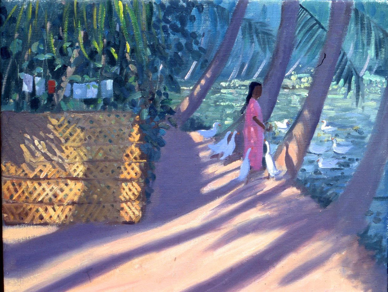 Eenden voeren, Kerala, India (olieverf op doek) door Andrew Macara