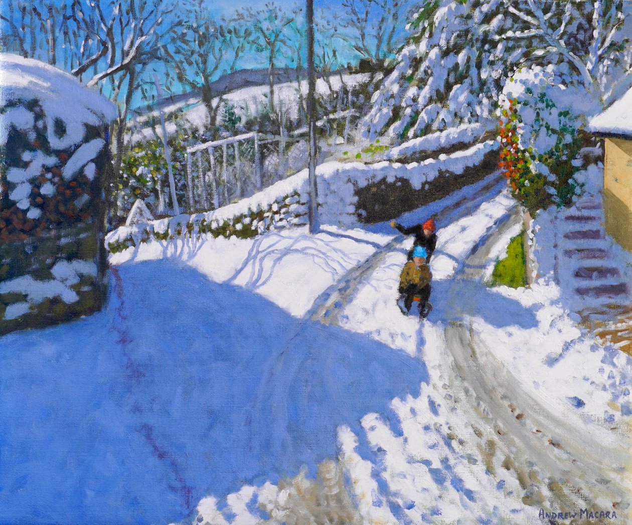 Sleeën in Wirksworth, Derbyshire, 2024 ( olieverf op doek) door Andrew Macara