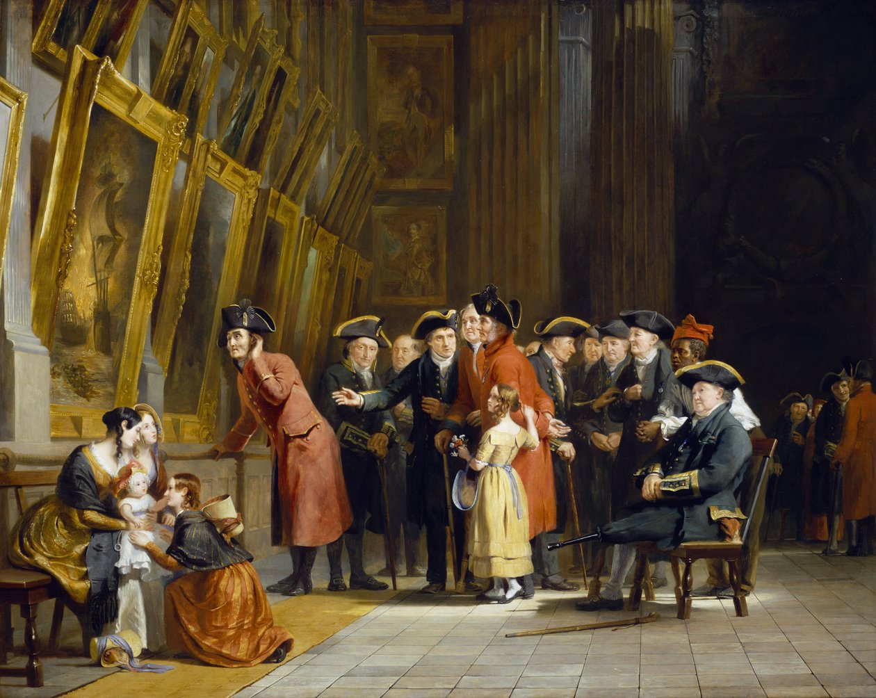 Een bijeenkomst van veteranen van het Britse leger en de marine, die dienden onder Horatio Nelson (1758-1805): Chelsea bewoners (gekleed in rood) en Greenwich Hospital (gekleed in blauw) bezoeken de marineschilderijgalerij in Greenwich Hospital door Andrew Morton