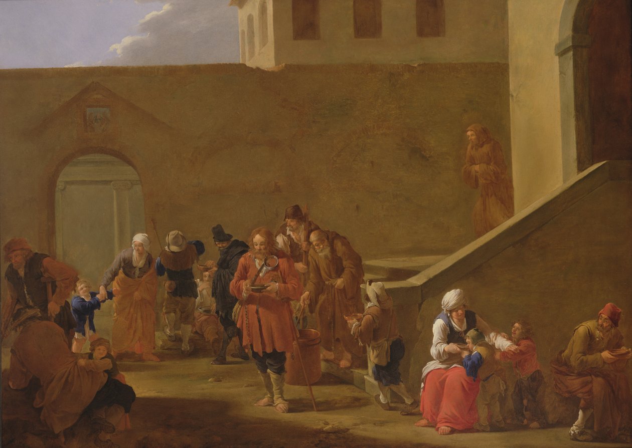Straatscène met monniken die voedsel uitdelen aan de armen door Andries Both